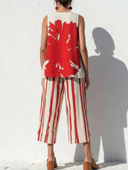 Casual Artistic Print Cotton-linen Two-piece Set: Top & Cropped Pants