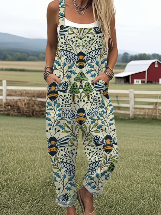 Women's Vintage Bee Floral Art Print Casual Cotton Wide Leg Jumpsuit