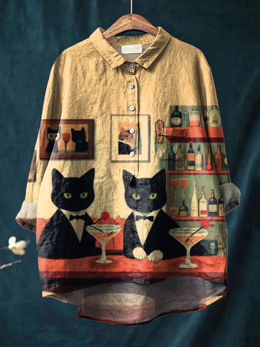 Cute Animal Gentle Cats Drinking Cocktails Illustration Vintage Art Print Casual Cotton And Linen Shirt