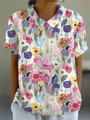 Women's Vintage Floral Art Print Casual Cotton And Linen 3/4 Sleeve Shirt