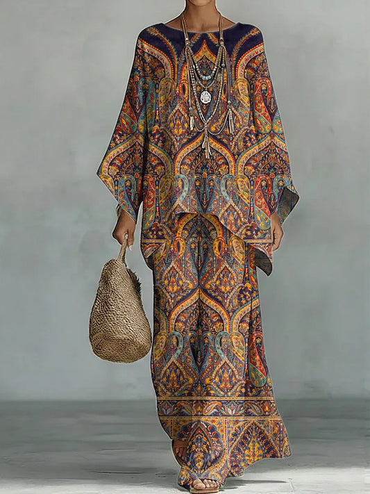 Women's Vintage Floral Art Comfortable Loose Cotton Linen Wide-leg Pants Two-piece Set