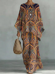 Women's Vintage Floral Art Comfortable Loose Cotton Linen Wide-leg Pants Two-piece Set