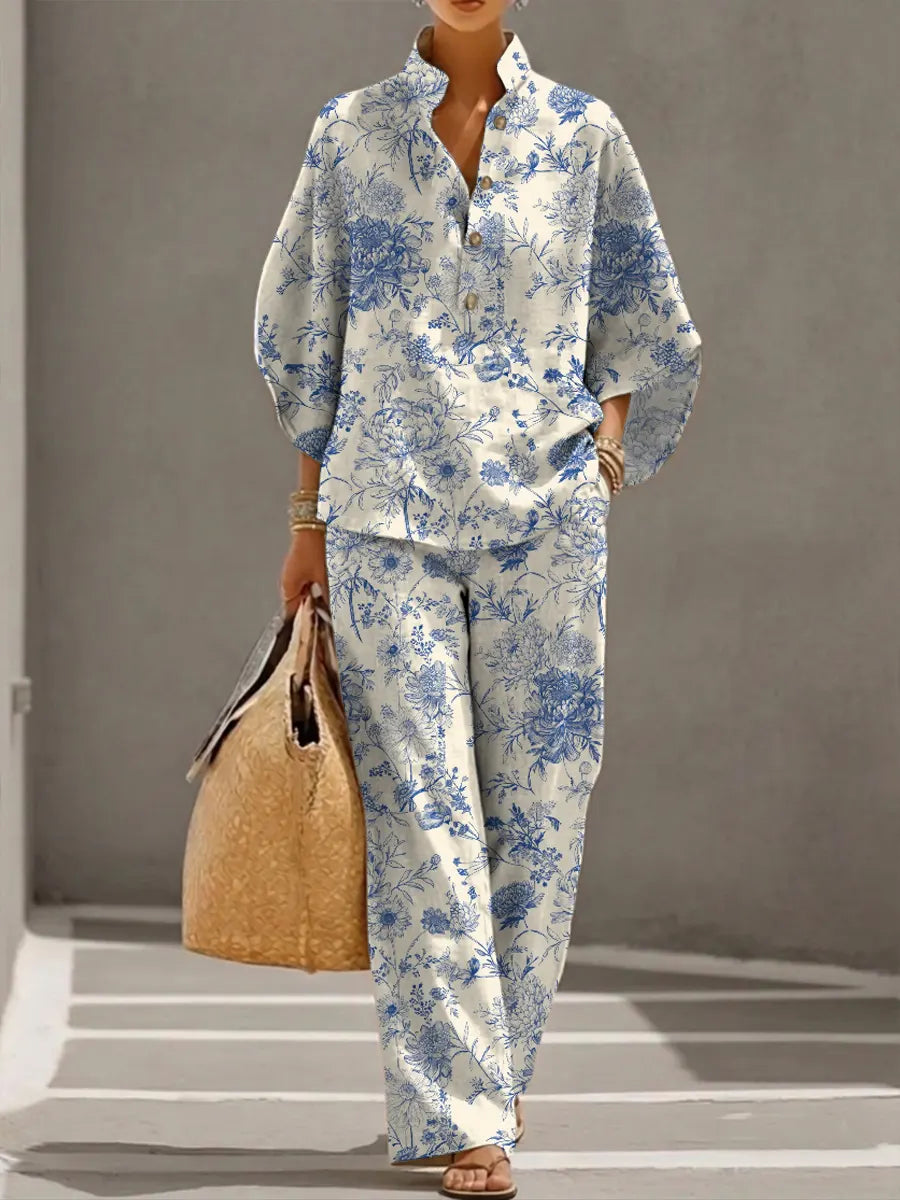 Women's Retro Floral Art Print Casual 3/4 Sleeve Top And Pants Cotton Linen Suits