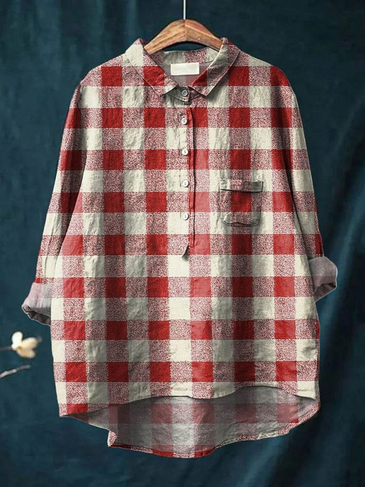Vintage Plaid Pattern Art Print Casual Cotton And Linen Shirt