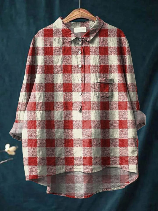 Vintage Plaid Pattern Art Print Casual Cotton And Linen Shirt
