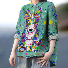 Women's Colorful Graffiti Cute Puppy Art Print Casual Linen Shirt