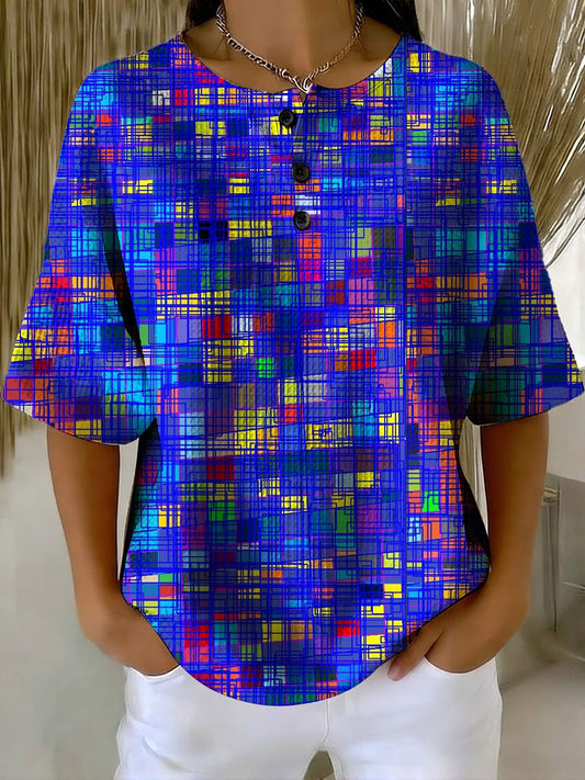 Women's Vintage Colored Geometry Pattern Printed Casual Cotton Waffle Knit Sweatshirt