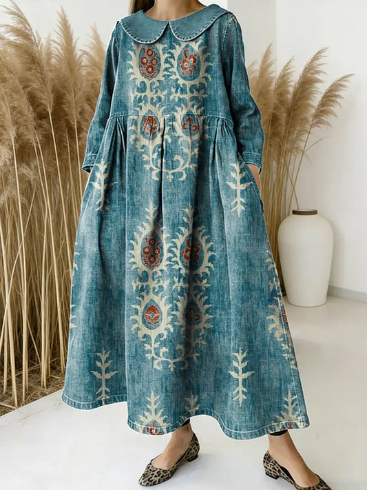 Women Vintage Floral Pattern Art Print Casual Denim Dress