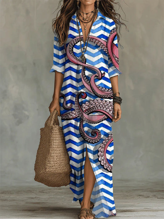 Women's Octopus Stripes Pattern-printed Casual Long Dress