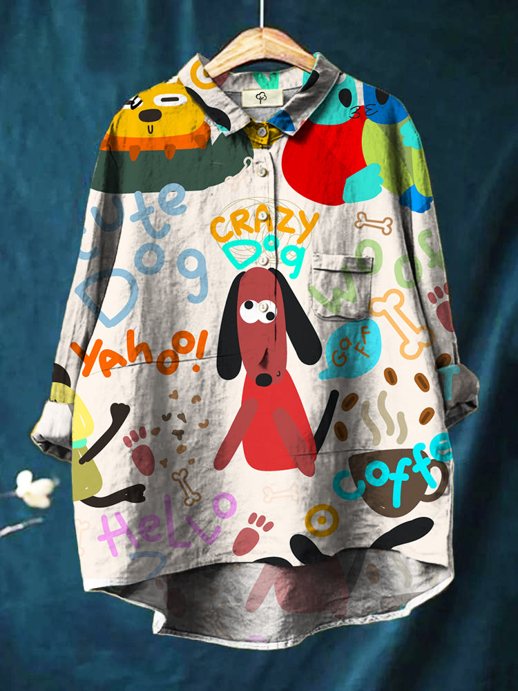 Cartoon Cute Hand Drawn Puppy Letters Print Cotton And Linen Shirt