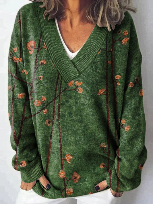 Flower Vintage Print Knit V-neck Pullover Sweater