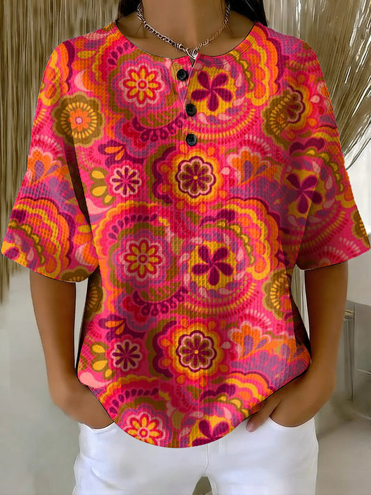 Women's Vintage Hippie Flowers Pattern Printed Casual Cotton Waffle Knit Sweatshirt