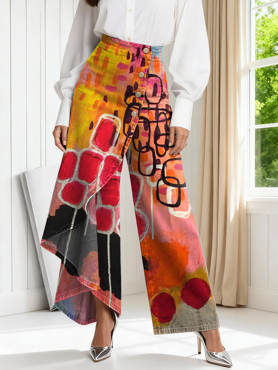 Women's Vintage Geometry Patterns Print High-waisted Relaxed Fit Wide-leg Jeans With A Stylish Design