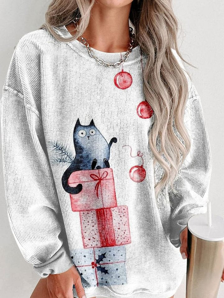 Women's Merry Christmas Cute The Cat Sits On The Gifts Casual Print Sweatshirt