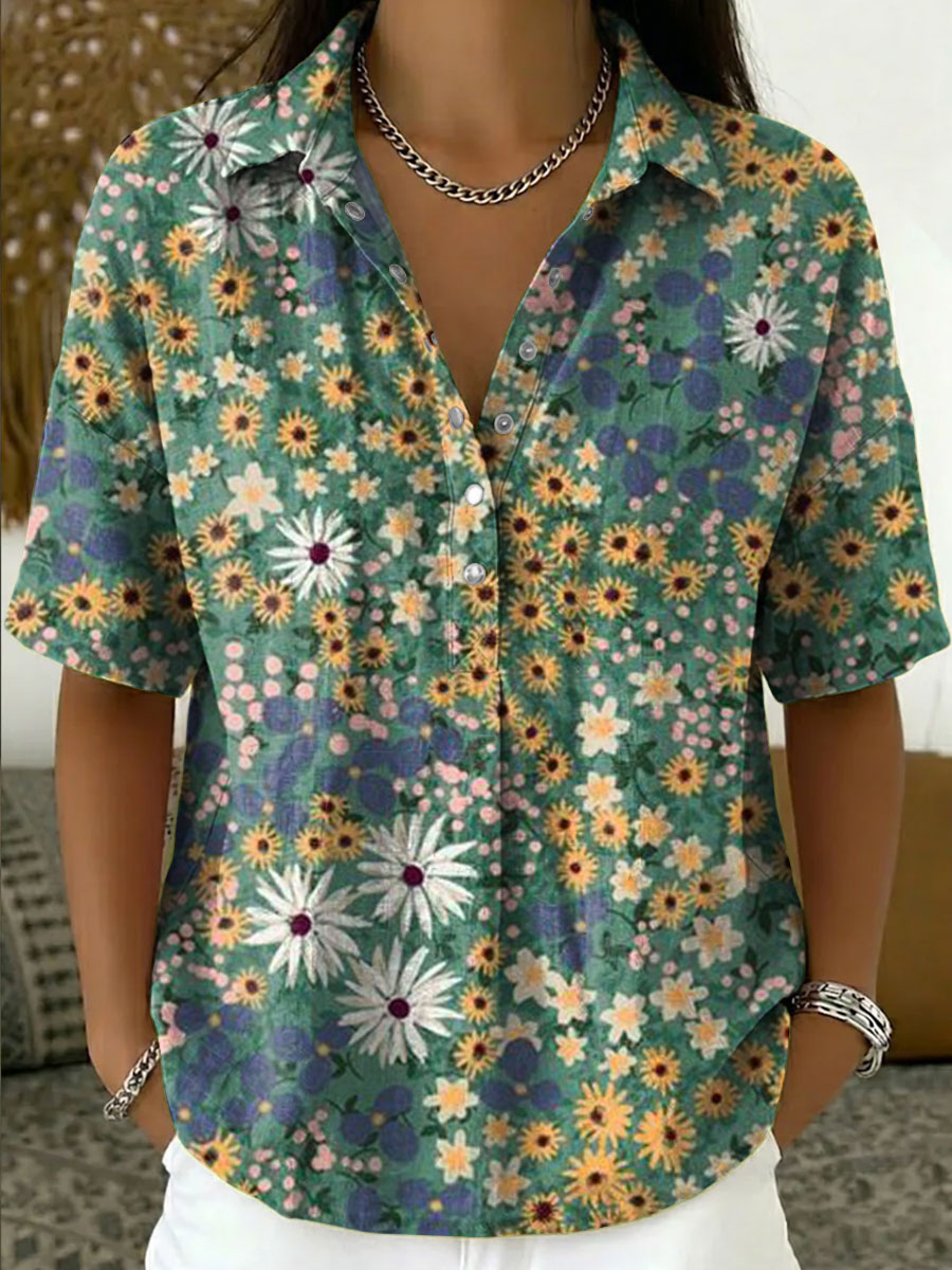 Women's Vintage Botanical Floral Casual Polo Collar Short-sleeved Linen And Cotton Shirt