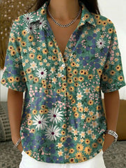 Women's Vintage Botanical Floral Casual Polo Collar Short-sleeved Linen And Cotton Shirt