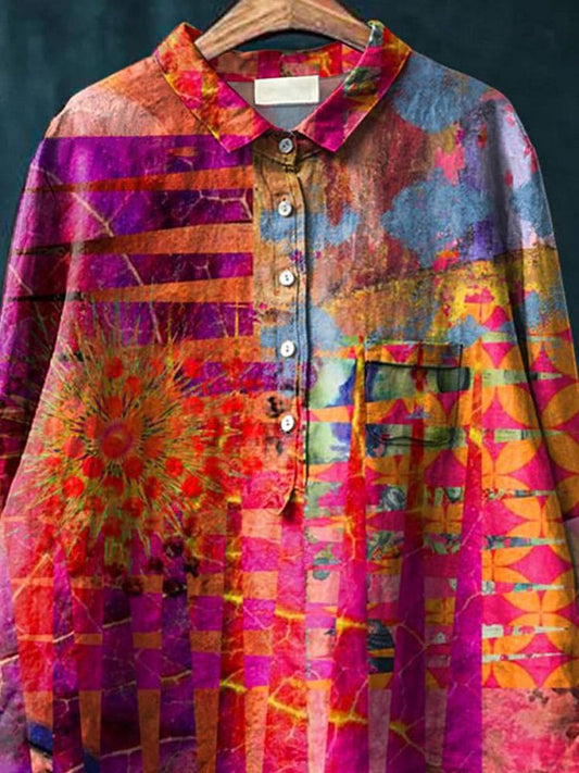 Colorful Geometric Pattern Printed Women's Casual Cotton And Linen Shirt