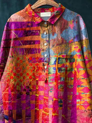 Colorful Geometric Pattern Printed Women's Casual Cotton And Linen Shirt