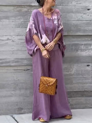 Women's Abstract Print Cotton Linen Set: V-neck Top & Wide Leg Pants