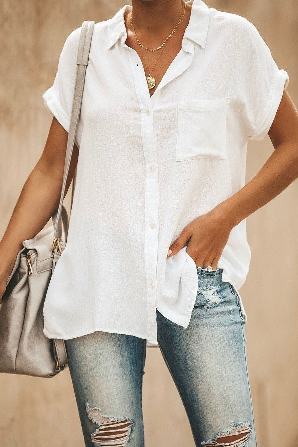 Women's Shirt collar Solid Color Buttons Short Sleeves Shirt