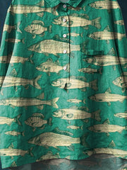 Vintage Lovely Fish Art Print Casual Cotton And Linen Shirt