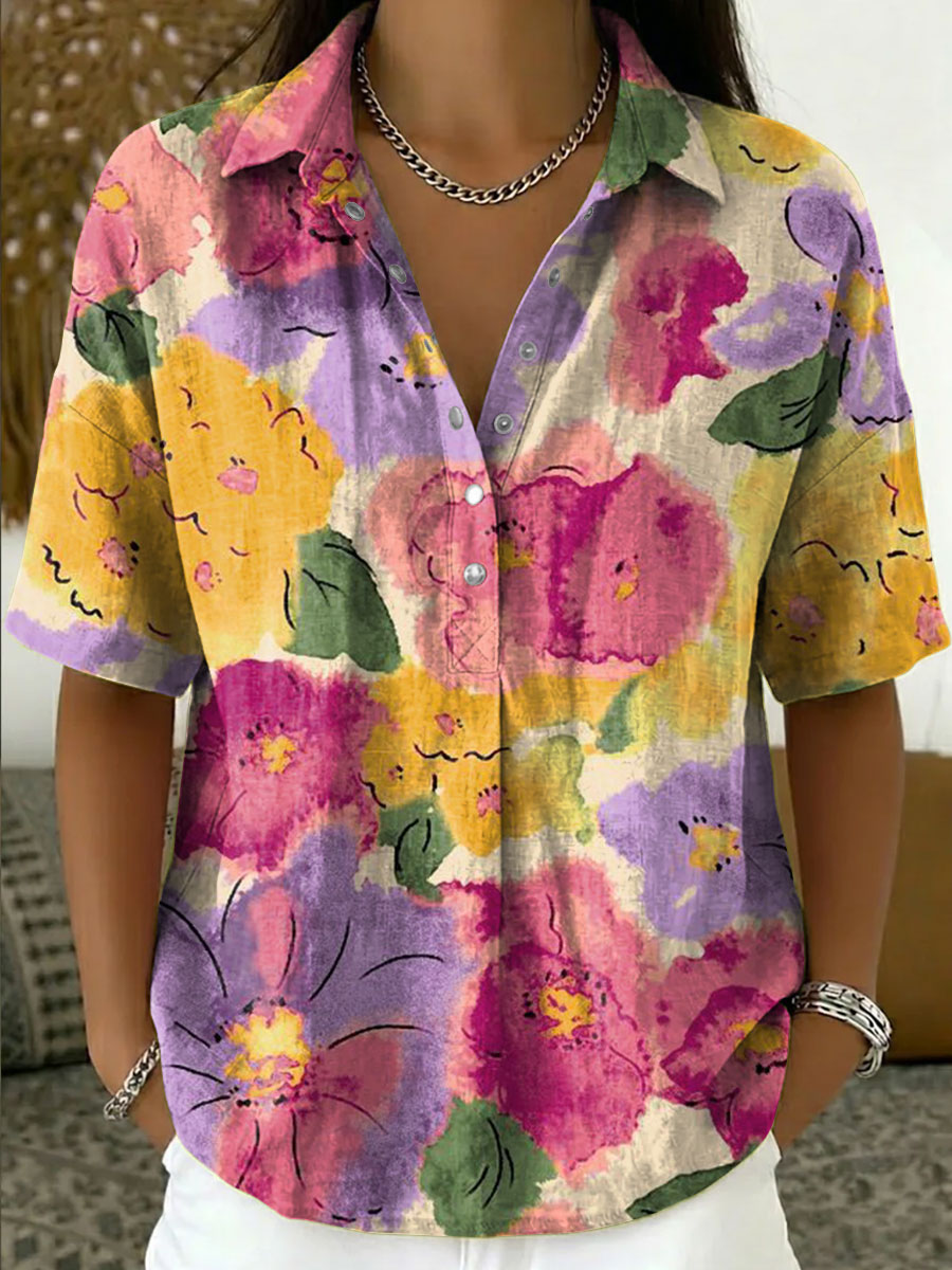 Women's Vintage Botanical Floral Casual Polo Collar Short-sleeved Linen And Cotton Shirt