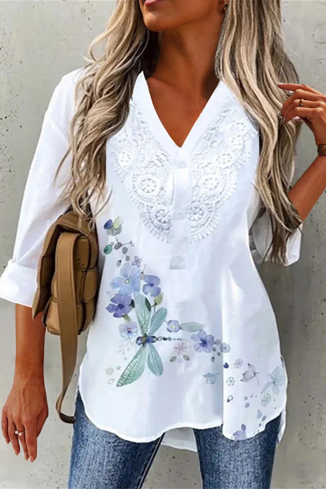 Dragonfly Floral Print V-neck Long Sleeves Buttons Lace Blouse