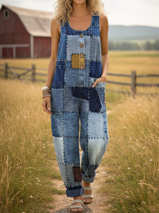 Women's Patchwork Pattern Print Casual Denim Jumpsuit
