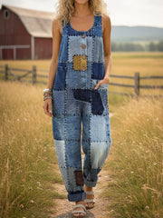 Women's Patchwork Pattern Print Casual Denim Jumpsuit