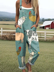 Women's Funny Animals Pattern Art Print Casual Cotton Wide Leg Jumpsuit