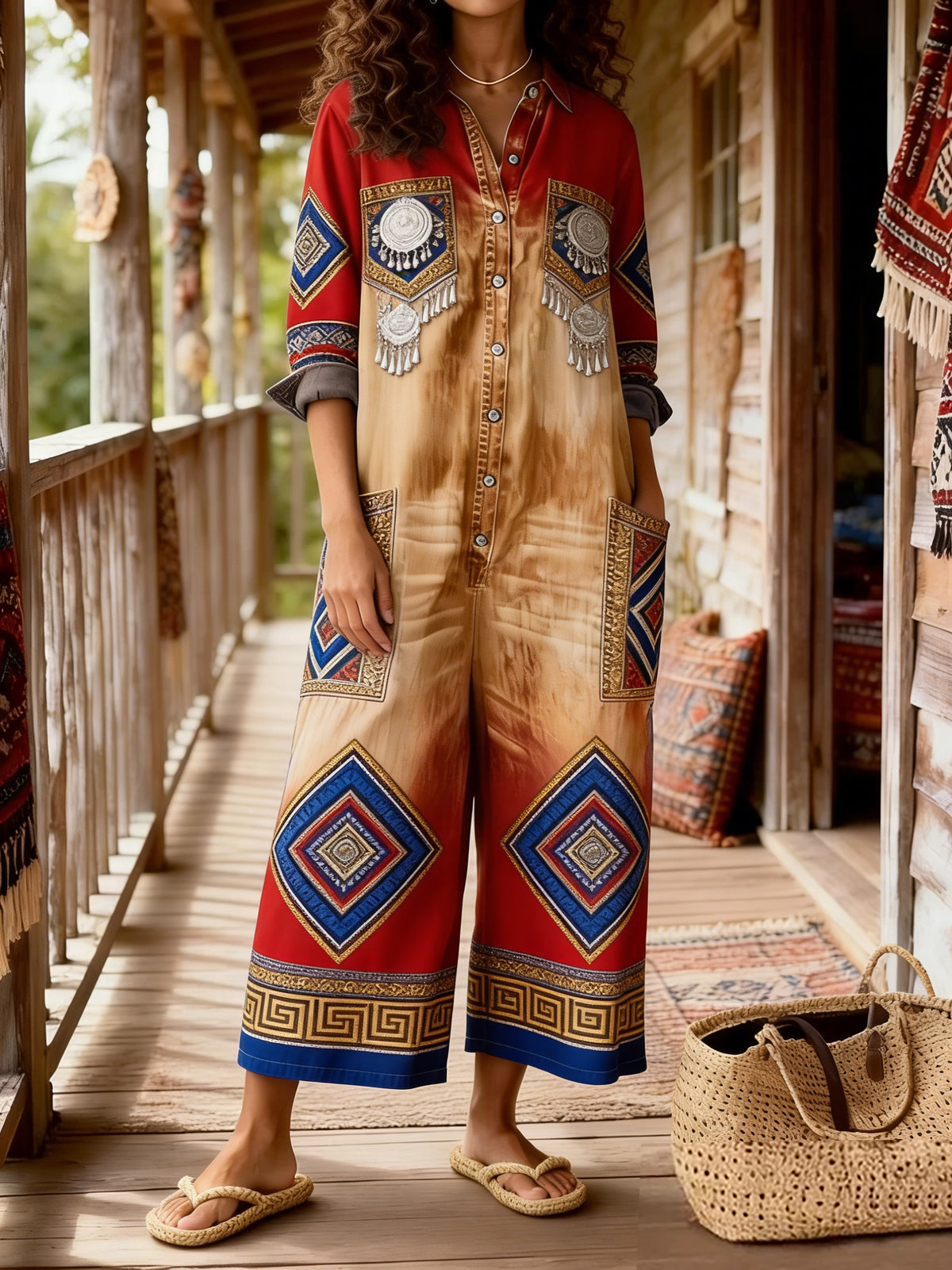 Women's Vintage Bohemian Art Print Casual Washed Cotton linen Denim Jumpsuit