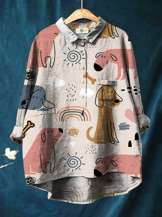 Cute Line Small Animal Puppy Triangle Print Cotton And Linen Shirt