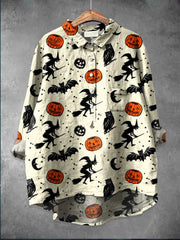 Women's  Halloween  Witch  Art  Print Casual Cotton And Linen Shirt