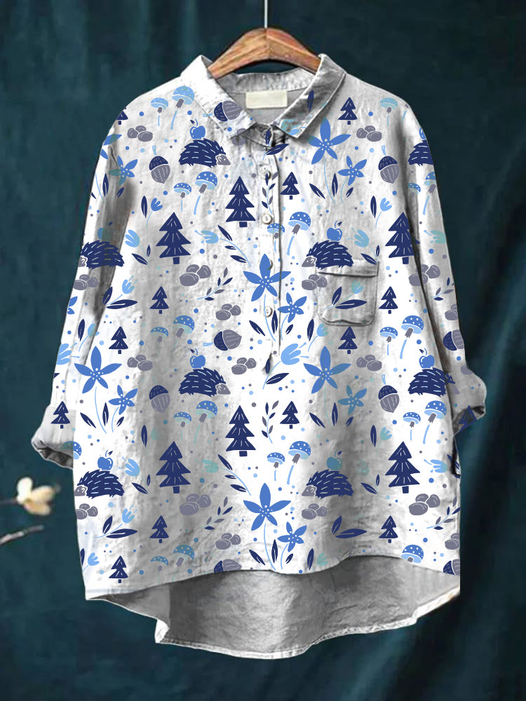 Women's cute animal and plant printed casual cotton and linen shirt