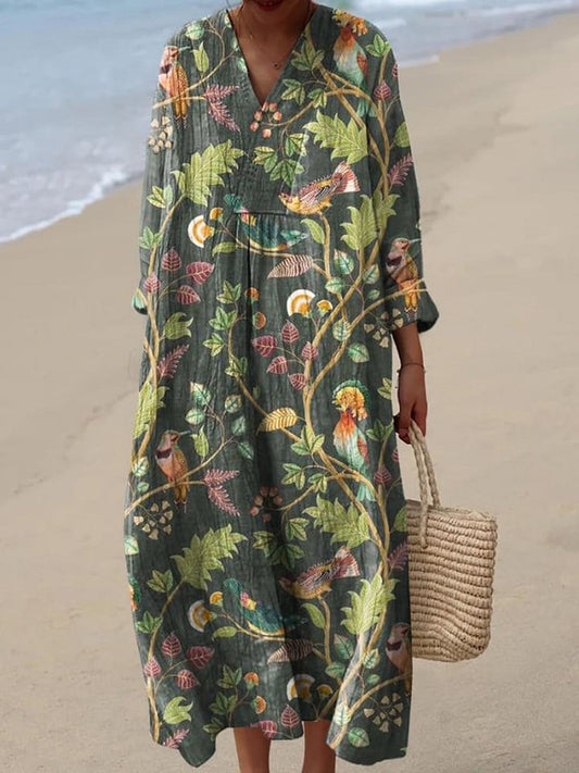 Women's Lovely Floral Birds Art Print Flowy Dress