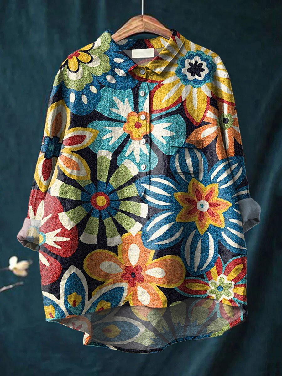 Vintage Lovely Floral Art Print Casual Cotton And Linen Shirt