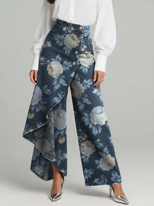 Women's Vintage Floral Print High-waisted Relaxed Fit Wide-leg Jeans With A Stylish Design.