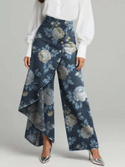 Women's Vintage Floral Print High-waisted Relaxed Fit Wide-leg Jeans With A Stylish Design.