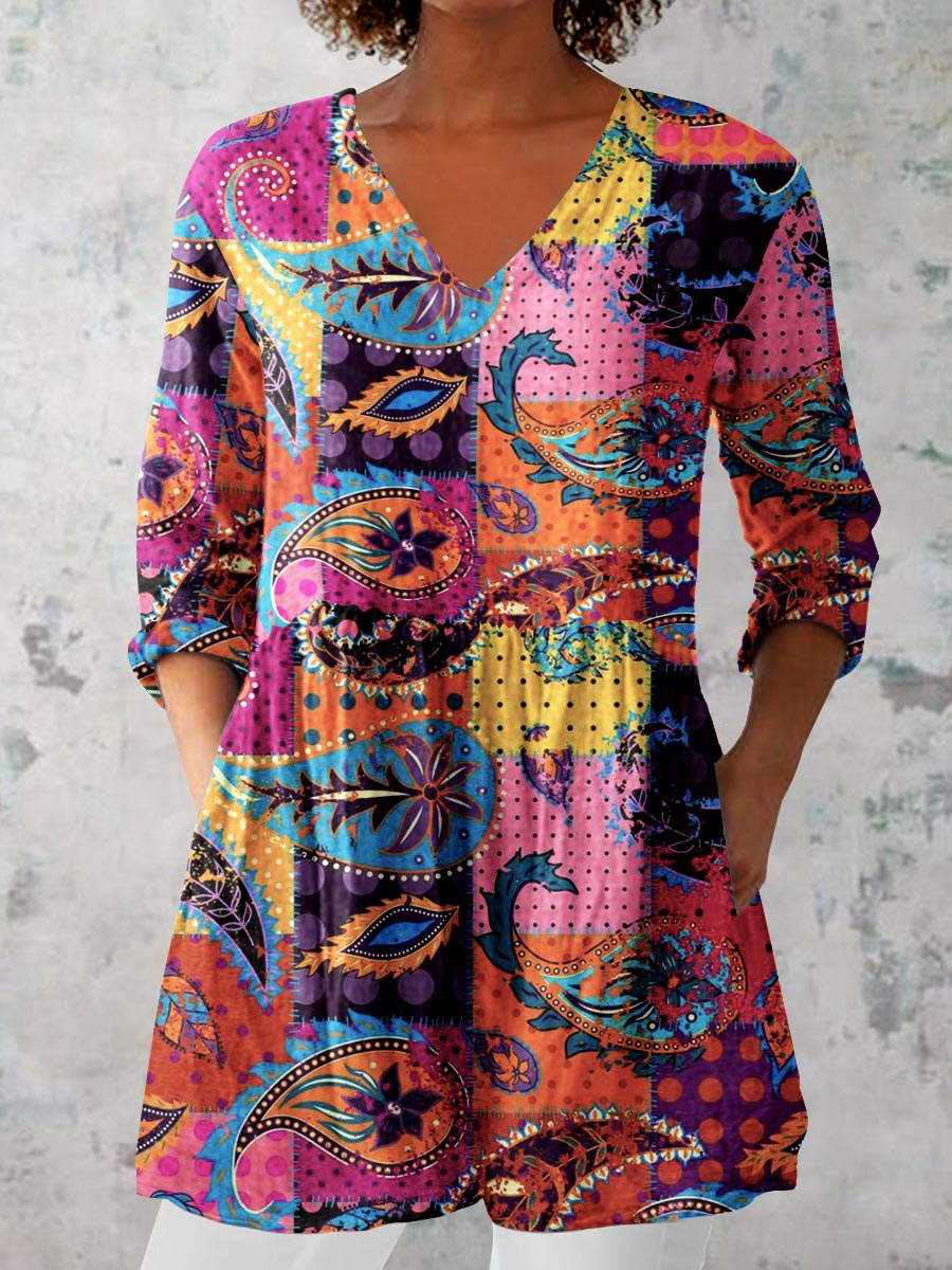 Women's Art Geometric Floral Print V-Neck   Top