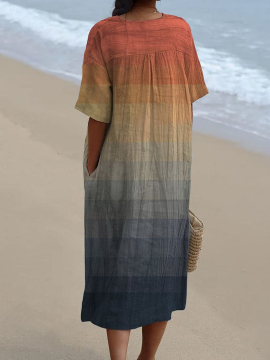 Women's V Neck Vintage Orange Blue Square Grid Art Mosaic Gradient Art Linen Loose Dress
