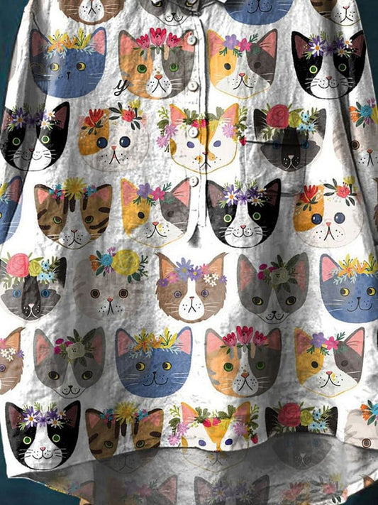 Women's Vintage Lovely Floral Cats Art Print Casual Cotton And Linen Shirt