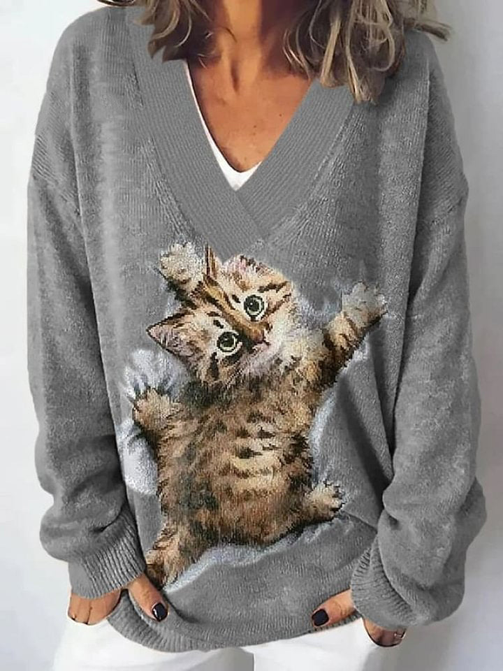 Women'S Cat Print V-Neck Knitted Sweater