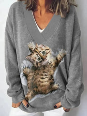 Women'S Cat Print V-Neck Knitted Sweater