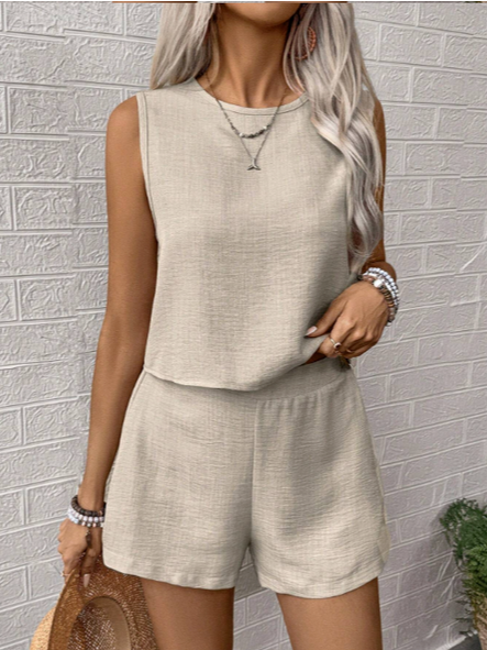 Women Plain Crew Neck Sleeveless Comfy Casual Top With Pants Two-Piece Set