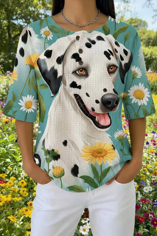 Womens Blue Dalmatian Daisy Print Casual Waffle Cotton Shirt