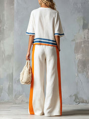 Women's Striped Color-block Vacation Set - Short Sleeve Top & Wide Leg Pants