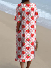 Lovely Strawberry And Floral Pattern Printed Women's Flowy Dress