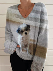 Dog Art Print V-Neck Sweater