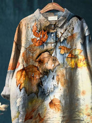 Leaves Art Printed Women's Casual Cotton And Linen Shirt