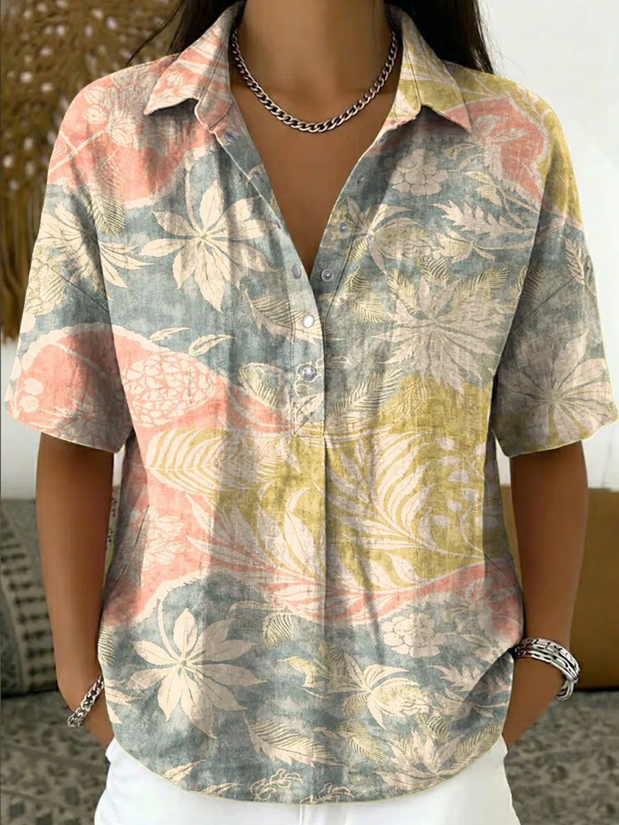 Women's Vintage Botanical Floral Casual Polo Collar Short-sleeved Linen And Cotton Shirt